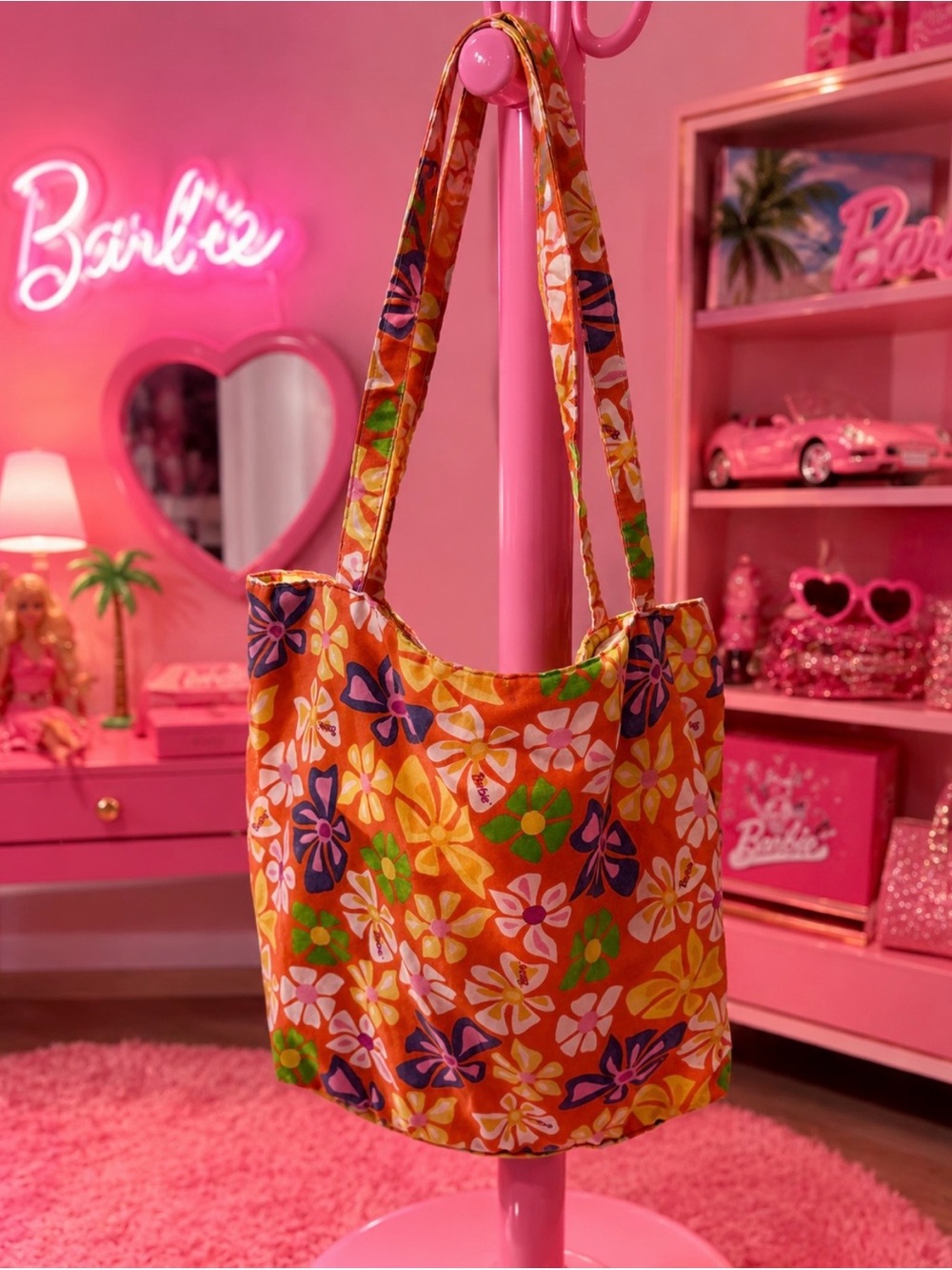 Handmade Barbie Floral Orange Canvas Tote - Colorful Summer Print